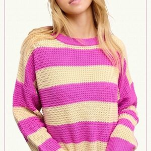 *NEW*LA MIEL STRIPED OPEN WEAVE CROPPED CREWNECK SWEATER. FUSCHIA/SMALL